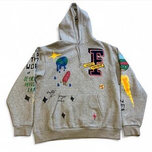 Grey Graphic Crewneck Hoodie with Space Motif